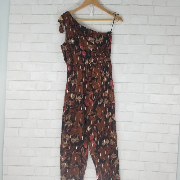 Anthropologie Sz 2 Maeve Kyoto Metallic Floral Jumpsuit Brown One Shoulder Crepe - Picture 4 of 12
